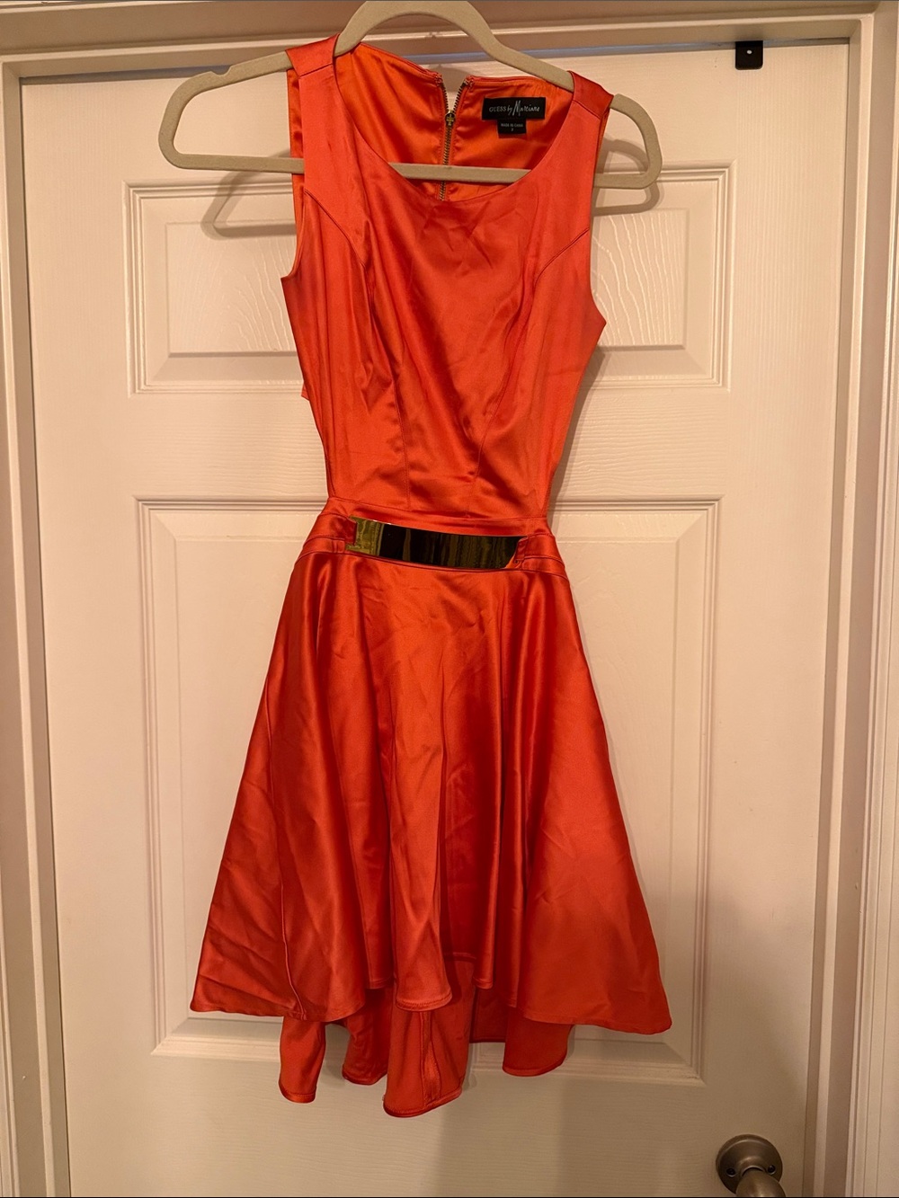 Guess by Marciano Bright Orange Satin Fit & Flare Dress with Metallic Waistband